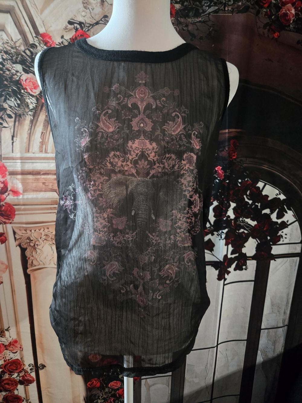 Workshop Republic Clothing Black Sheer Tank with Pink Floral Elephant Print